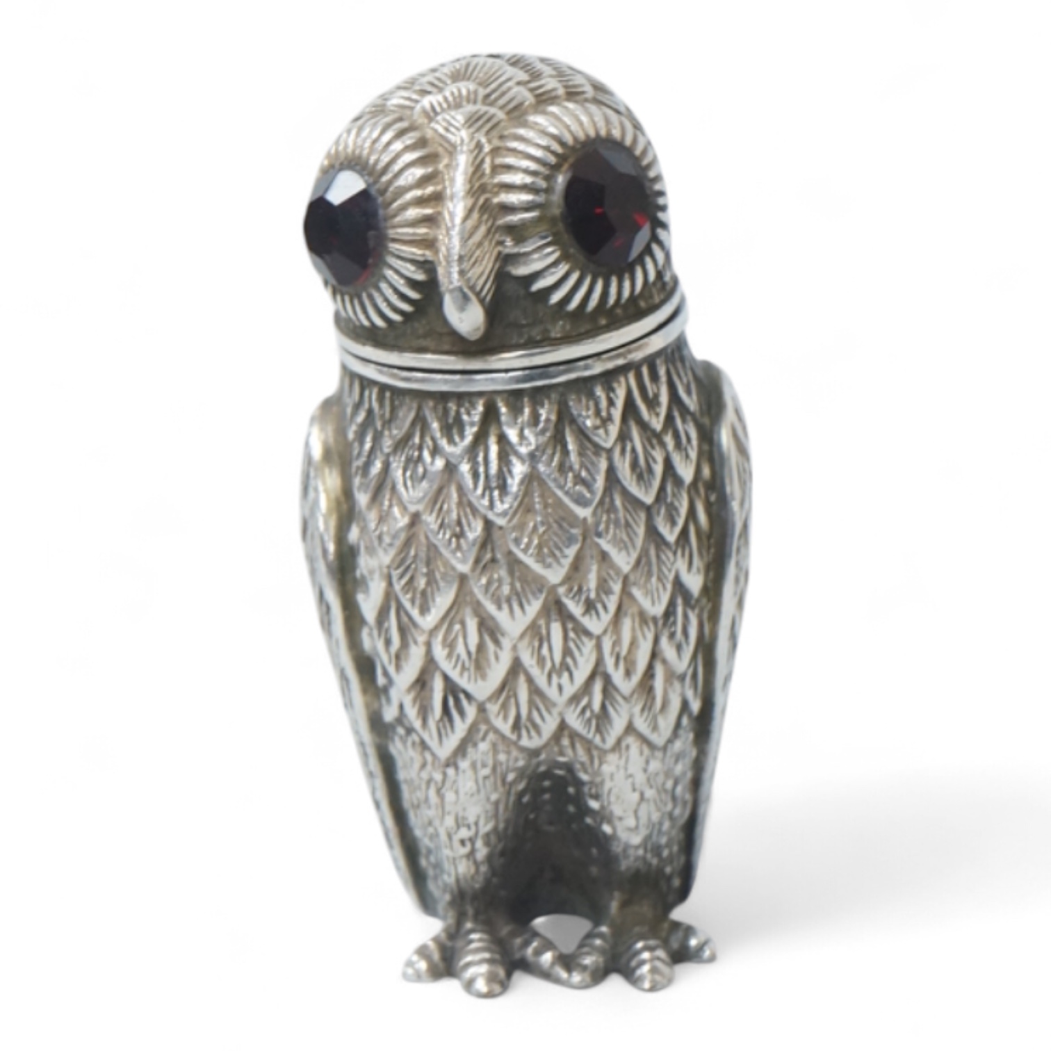 A novelty silver plated condiment, modelled as an owl, with two faceted glass eyes, height 66mm.